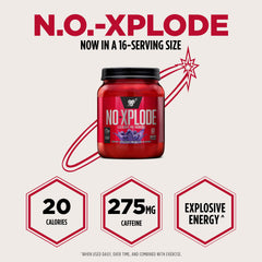 Pouring BSN N.O.-XPLODE grape powder into water for a quick energy mix