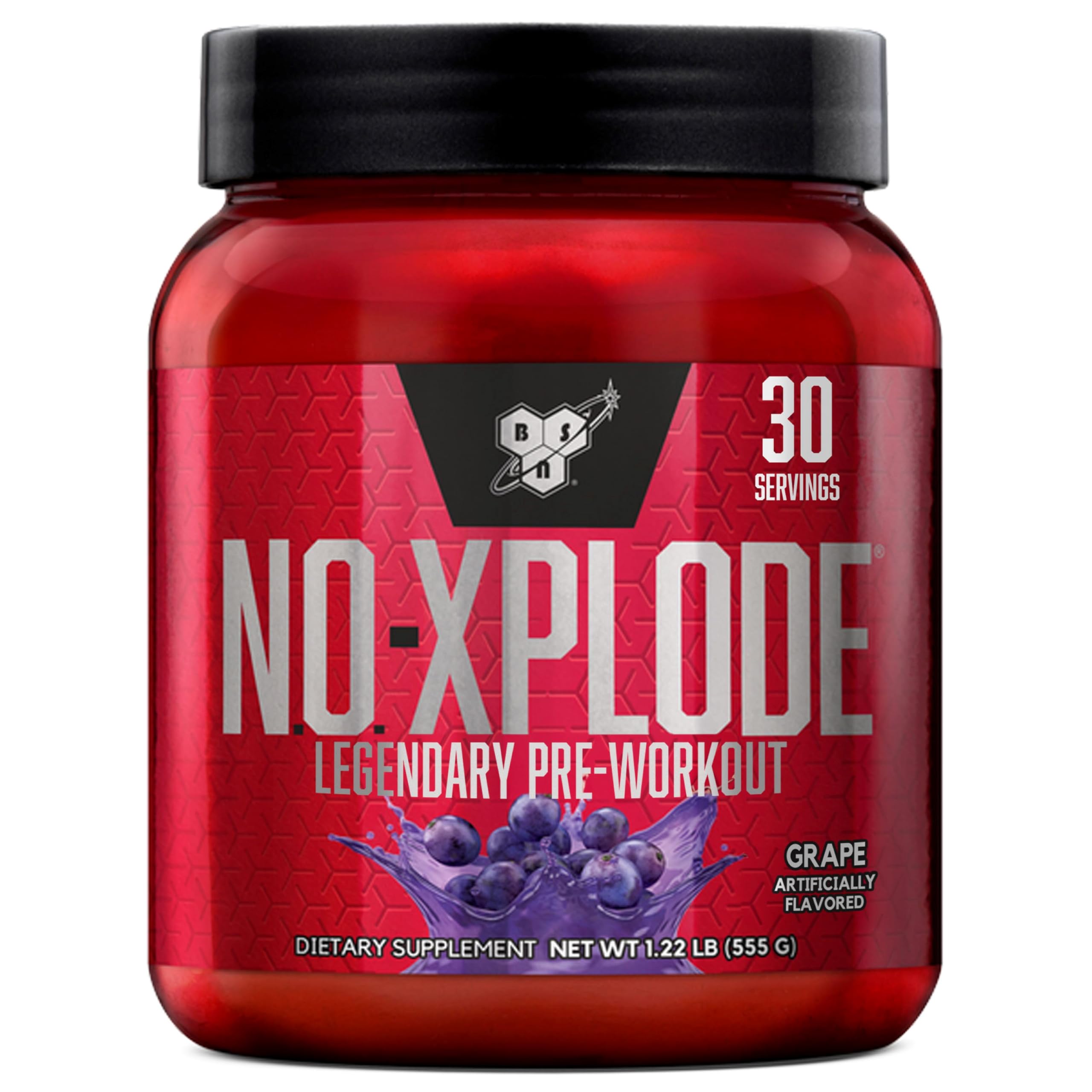 BSN N.O.-XPLODE grape tub front showing energizing pre-workout for training
