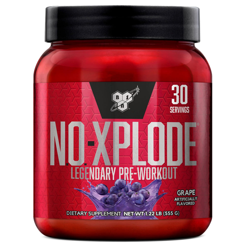 BSN N.O.-XPLODE grape tub front showing energizing pre-workout for training