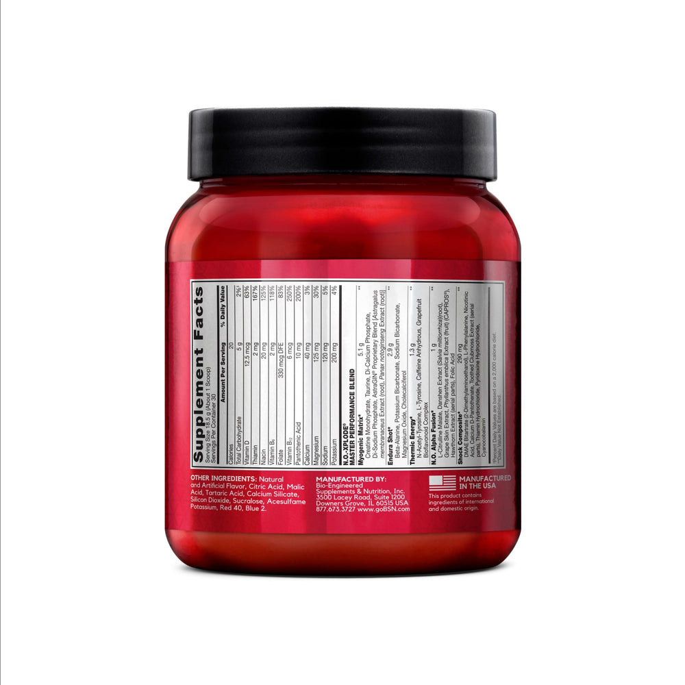 BSN N.O.-XPLODE grape tub with serving label and flavor details