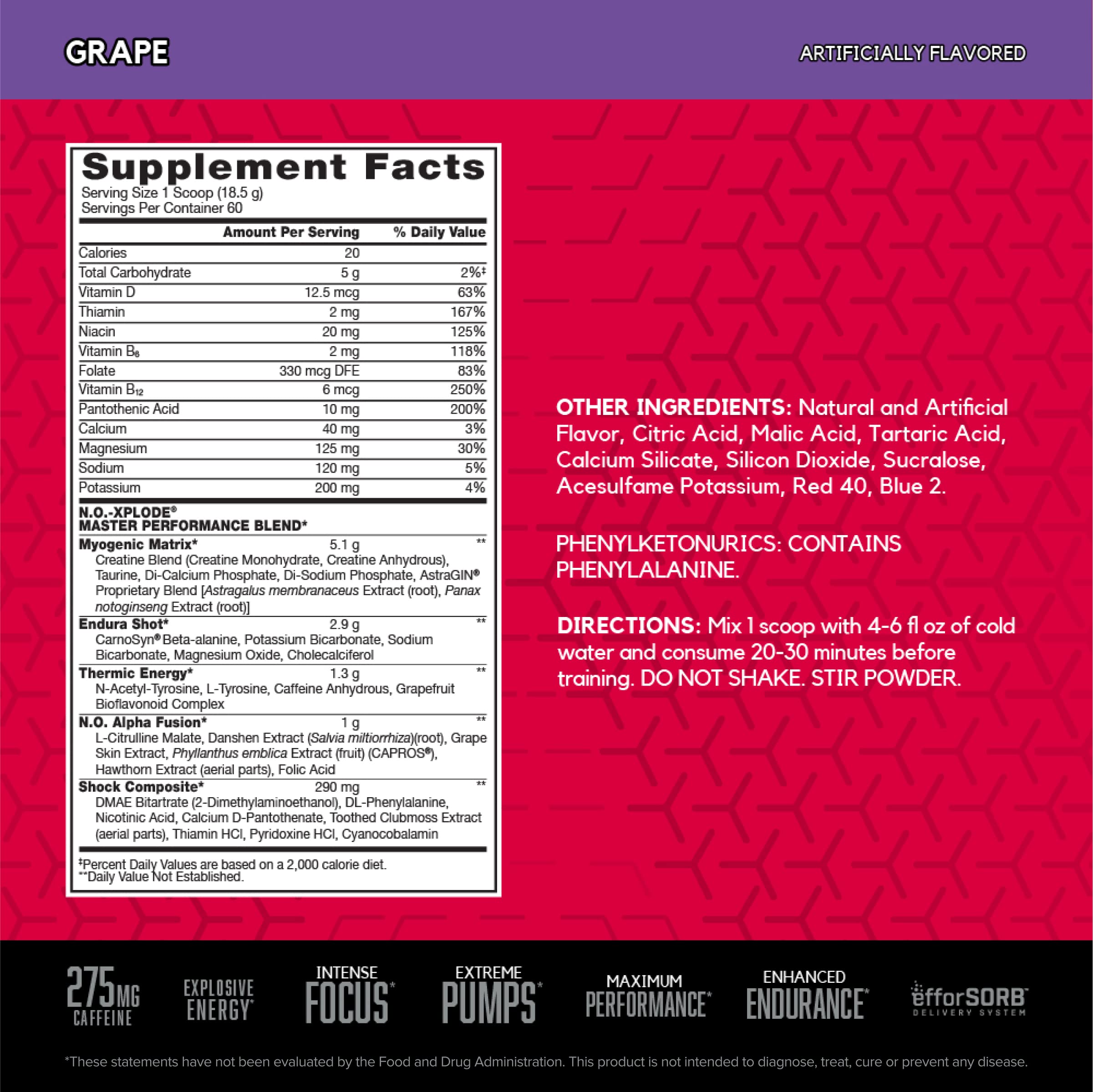 Close-up of BSN N.O.-XPLODE label highlighting ingredients for performance