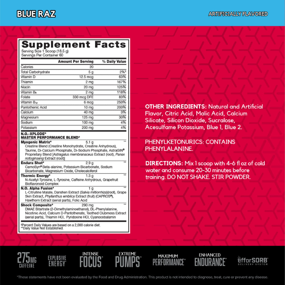 BSN N.O.-XPLODE label closeup shows ingredient tech and branding.