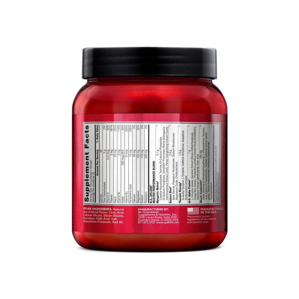 BSN N.O.-XPLODE fruit punch serving glass conveys ready-to-use energy before workouts.