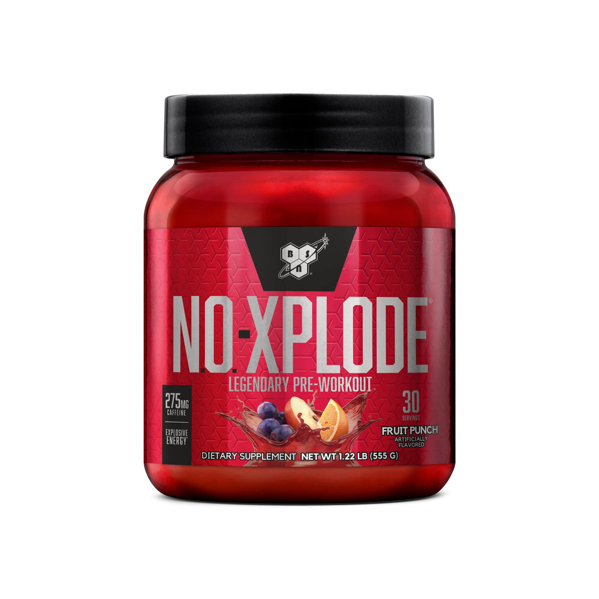 BSN N.O.-XPLODE fruit punch tub front for pre-workout energy and focus.