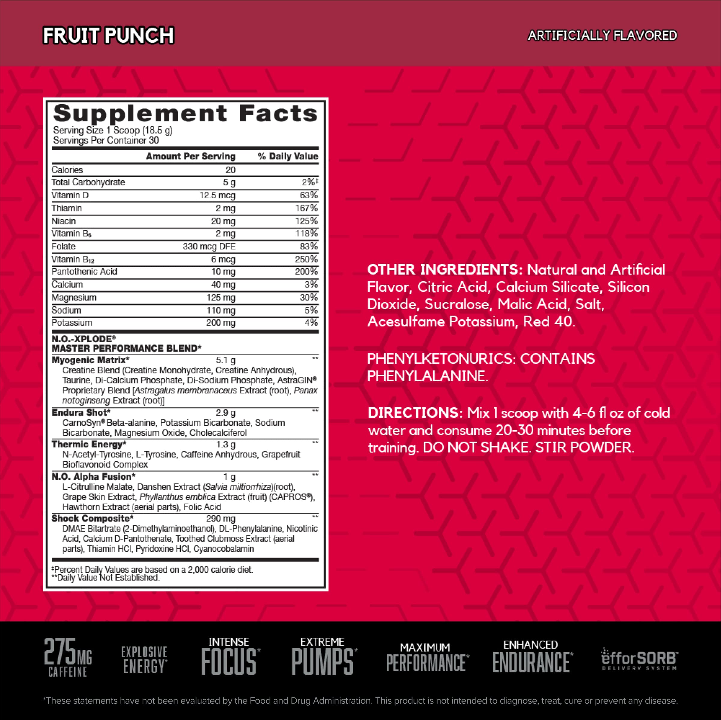 BSN N.O.-XPLODE fruit punch tub label detail highlighting serving size and flavor.