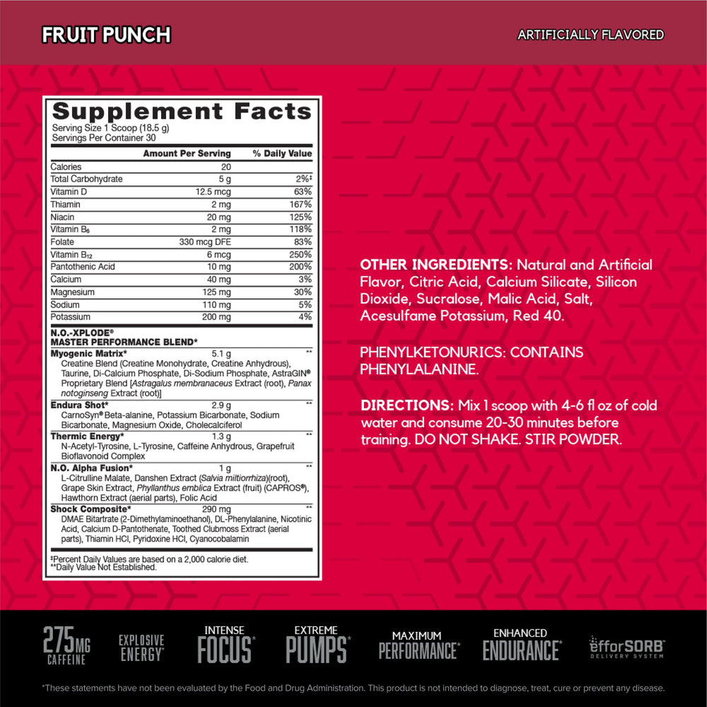 BSN N.O.-XPLODE fruit punch tub label detail highlighting serving size and flavor.