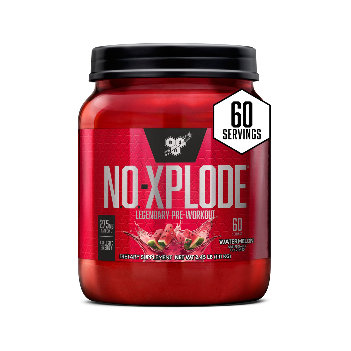 BSN N.O.-XPLODE watermelon powder jar showing flavor and energy-boosting potential
