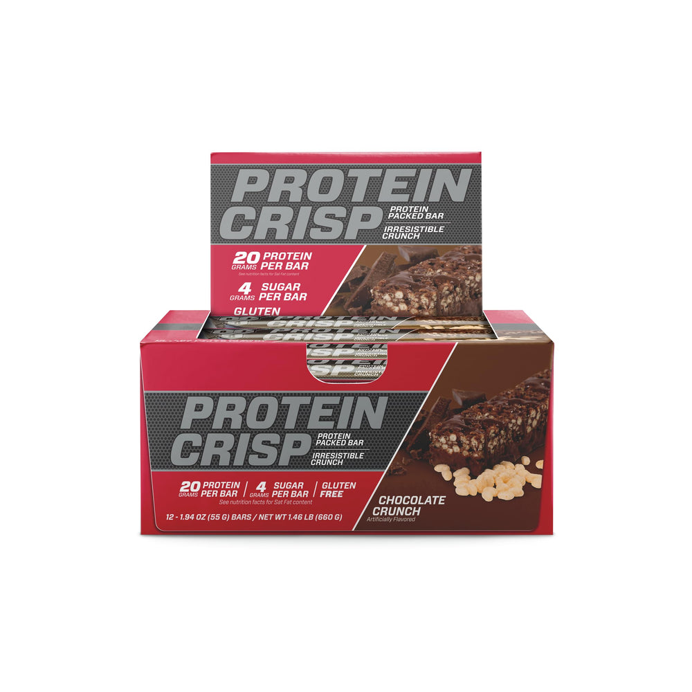 BSN Protein Crisp Bar foil-wrapped packaging displays portable storage.