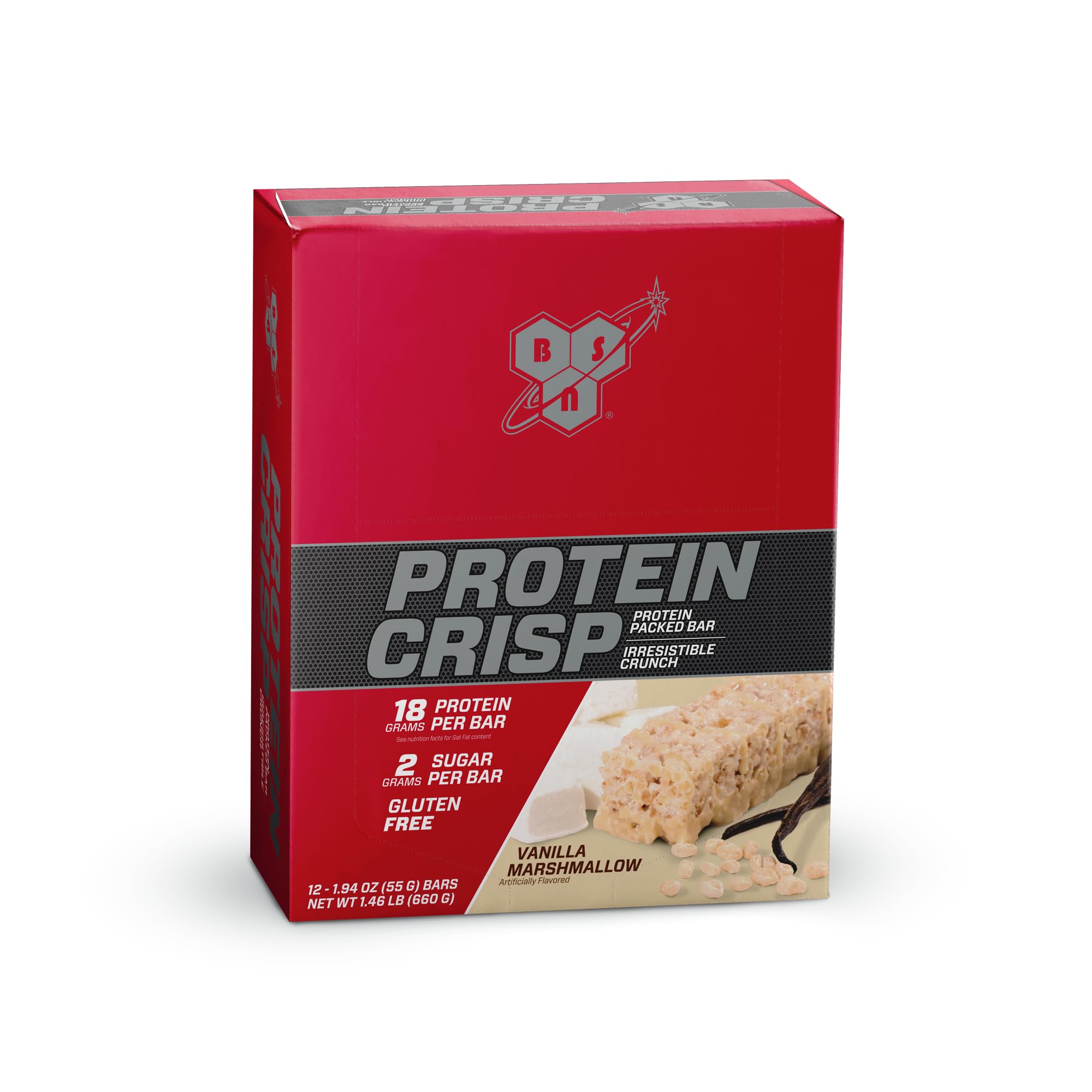 BSN Protein Crisp Bar Vanilla Marshmallow crunchy-texture invites satisfying bite for workouts