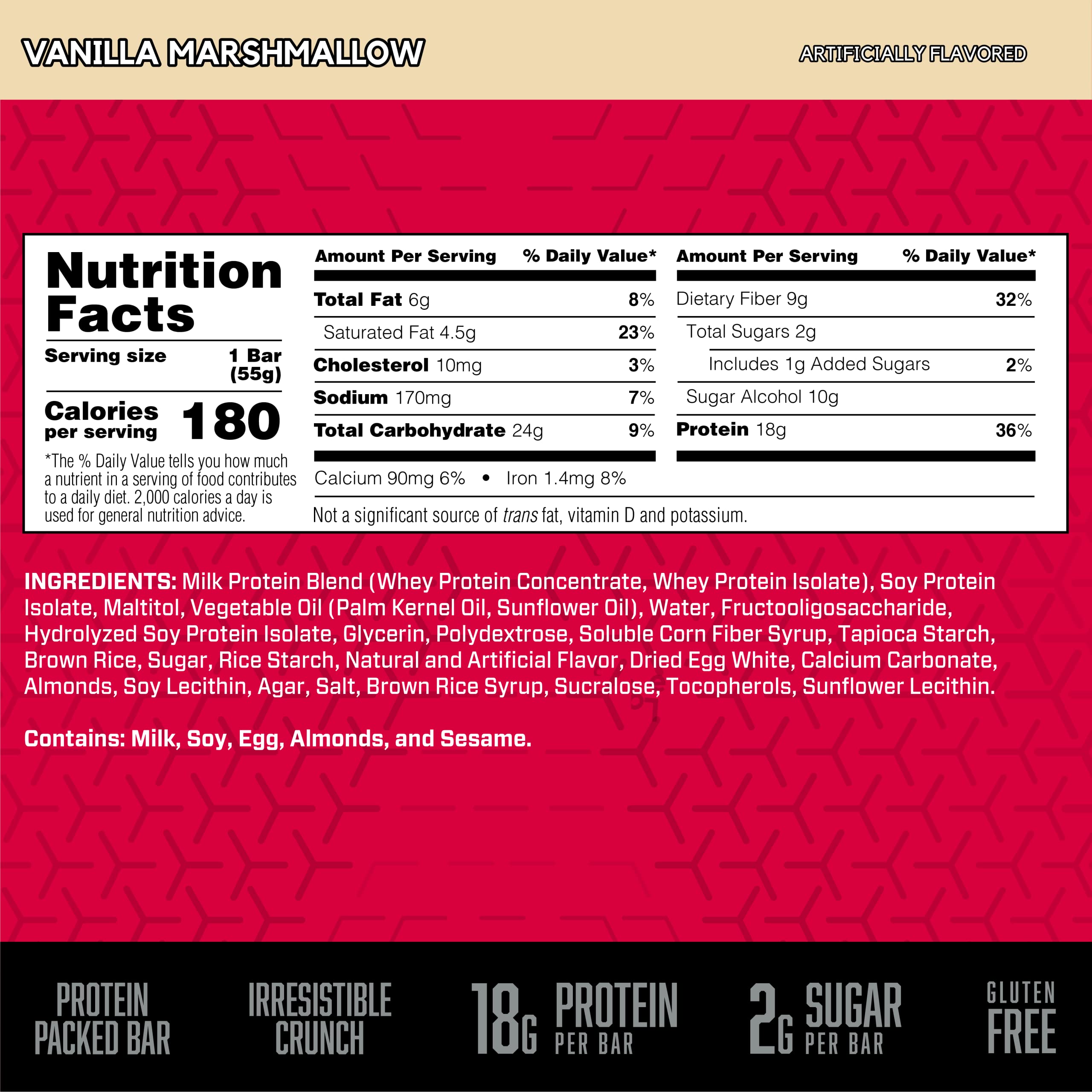 BSN Protein Crisp Bar Vanilla Marshmallow cut reveals protein blend and chewy crunch between meals