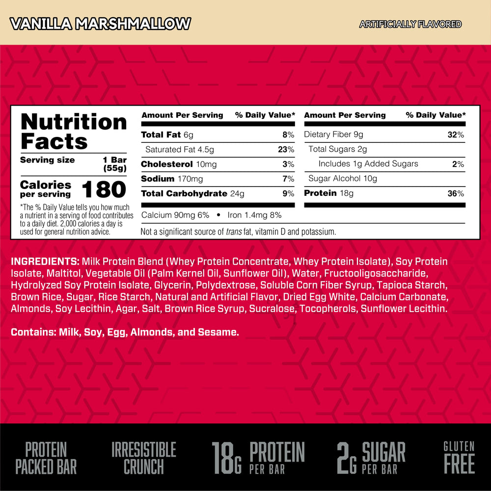 BSN Protein Crisp Bar Vanilla Marshmallow cut reveals protein blend and chewy crunch between meals