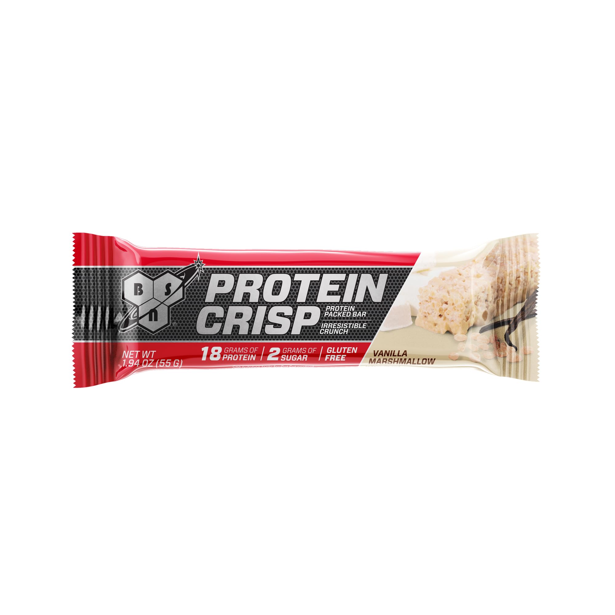 BSN Protein Crisp Bar Vanilla Marshmallow ingredients highlights gluten-free protein blend