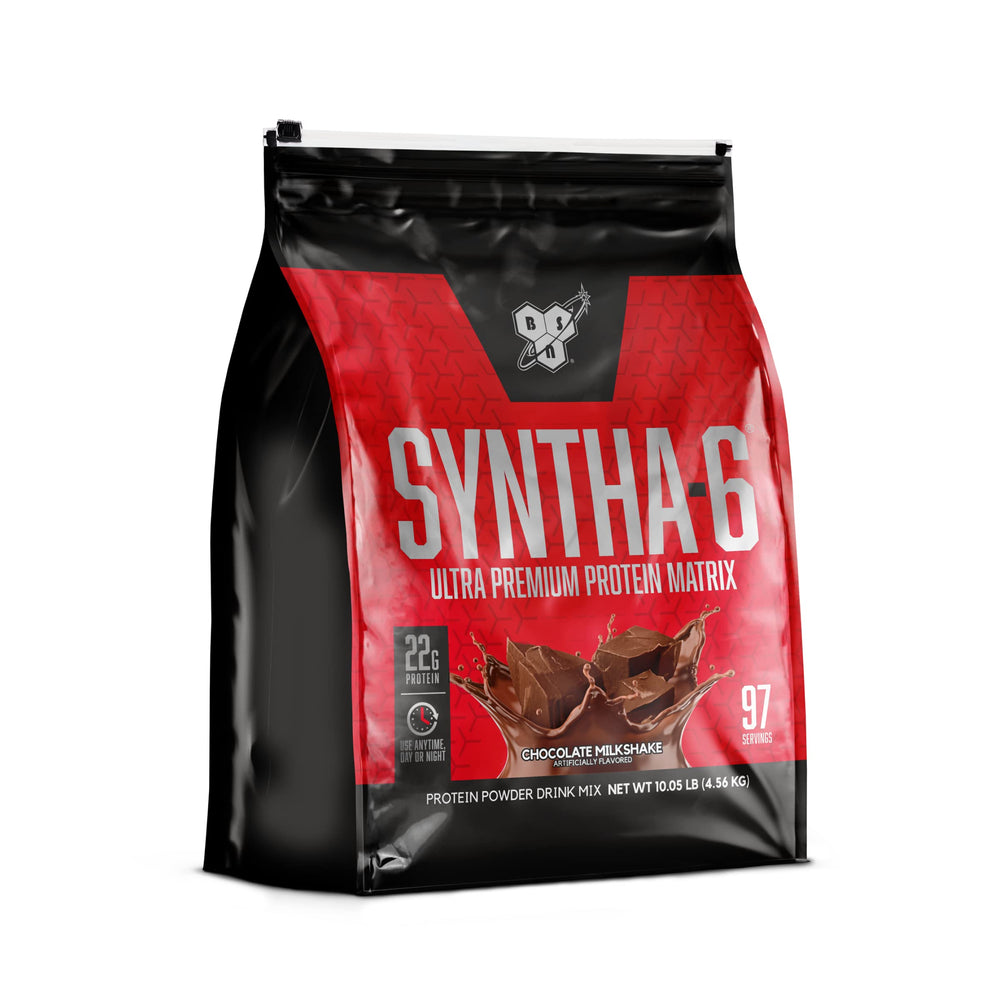 BSN SYNTHA-6 chocolate milkshake tin highlights premium protein powder for recovery.