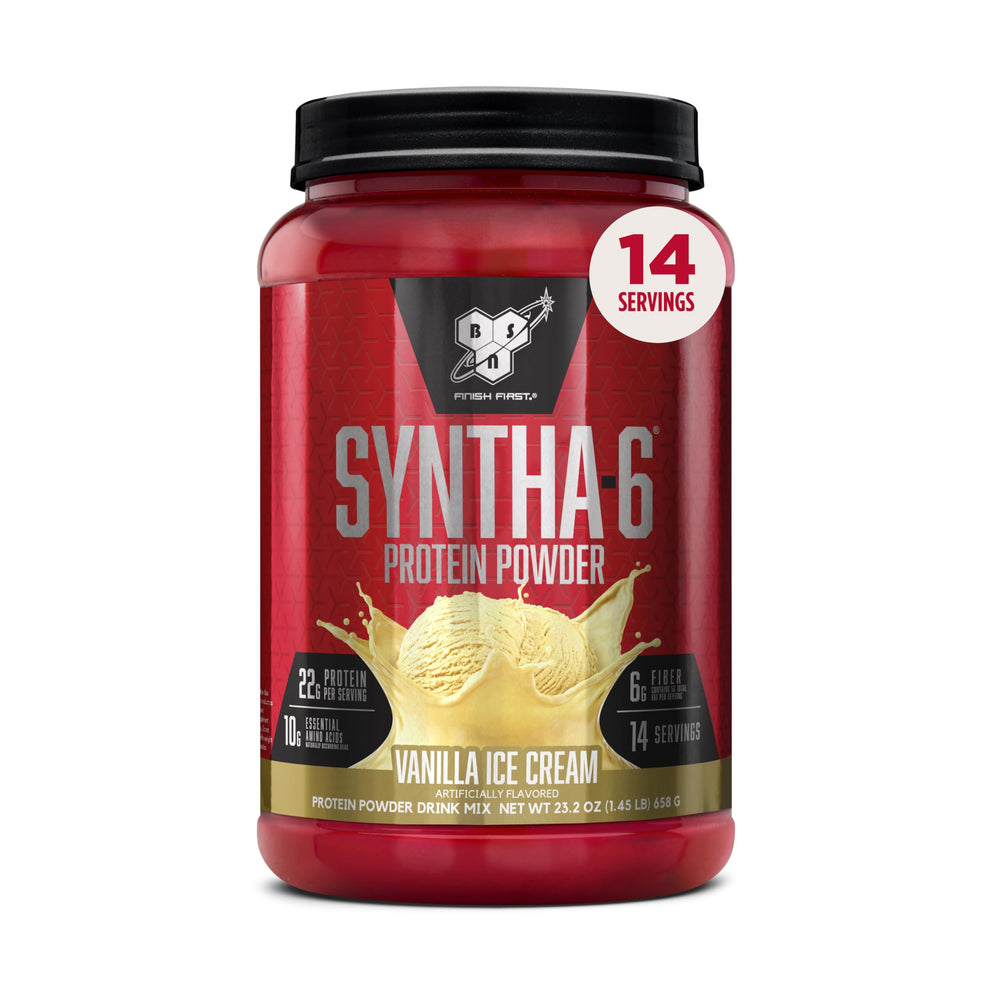 BSN SYNTHA-6 Vanilla Ice Cream tub showing premium protein blend for post-workout shakes