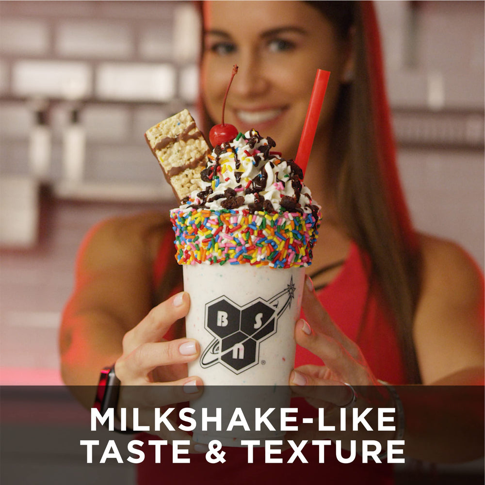 BSN SynthA-6 vanilla shake in glass, creamy dessert-like texture