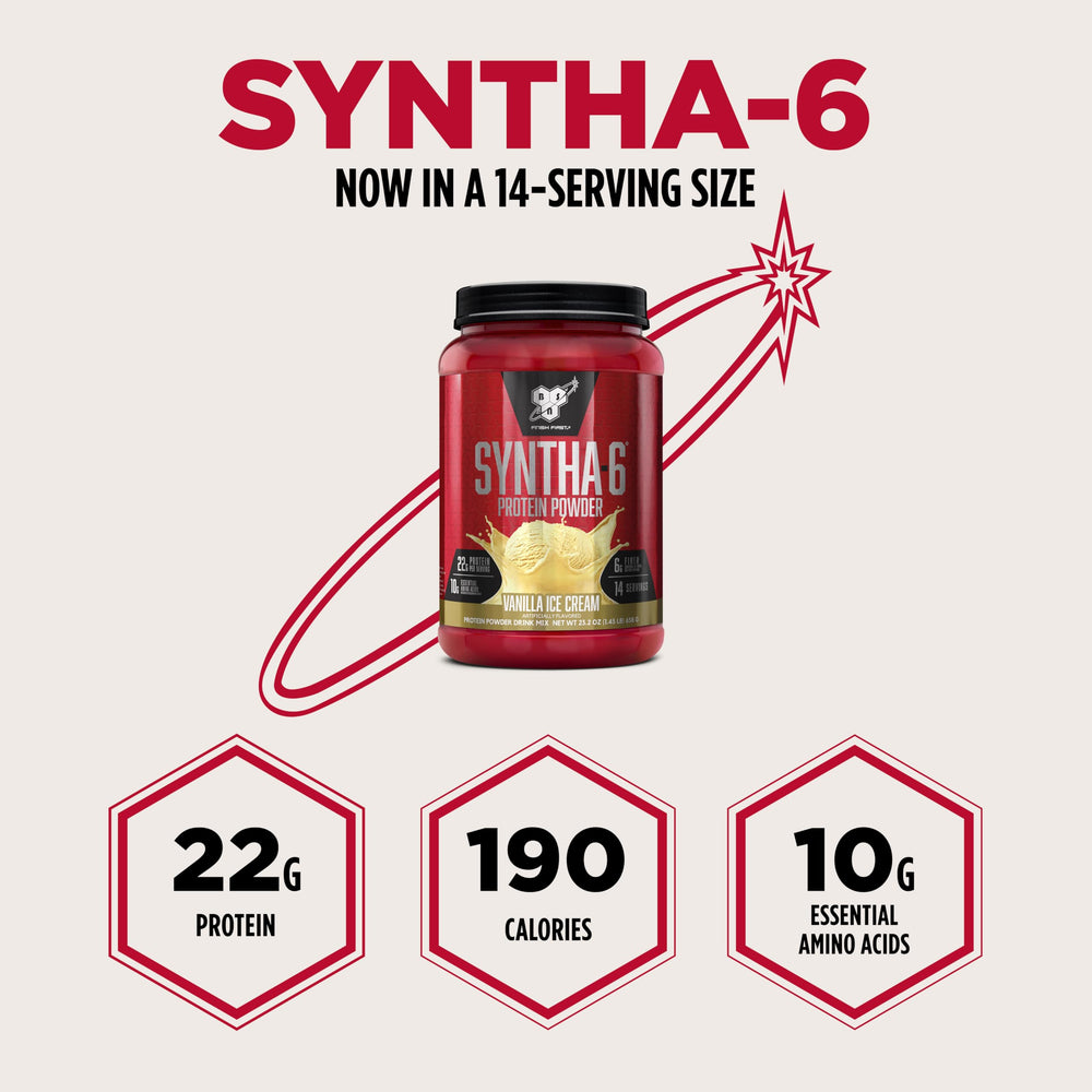 BSN SYNTHA-6 Vanilla nutrition label close-up, displaying 6g fiber and 10g amino acids for balance