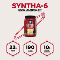BSN SYNTHA-6 Vanilla nutrition label close-up, displaying 6g fiber and 10g amino acids for balance