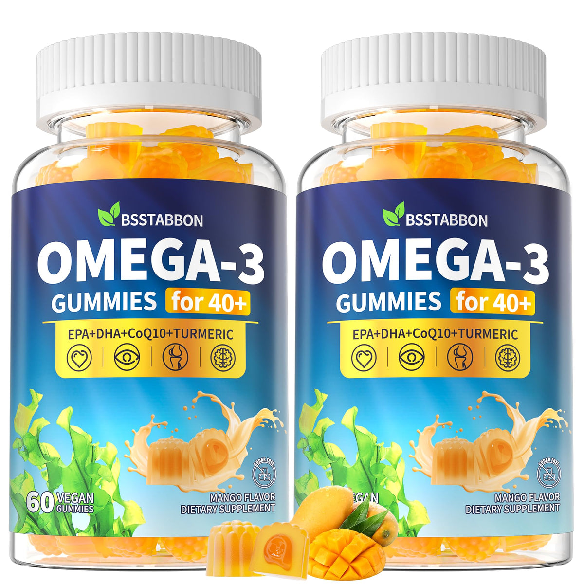 BSSTABBON Omega-3 gummies packaging highlighting vegan algae-based DHA and EPA benefits