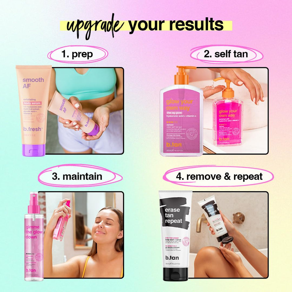 B.TAN Application with mitt blends tan for smooth results.