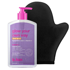 B.TAN Best Clear Self-Tanning Gel Kit packaging shows a transfer-free glow.