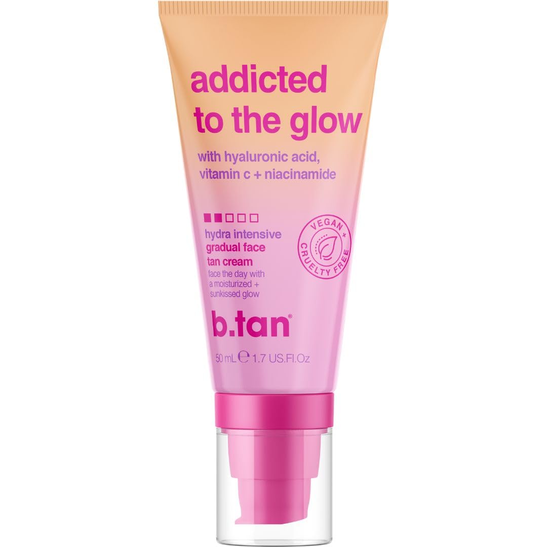 B.TAN Gradual Self Tan Face Lotion bottle close-up showing hydration and glow