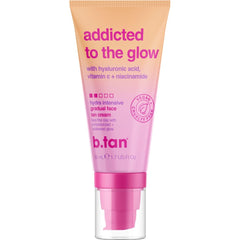 B.TAN Gradual Self Tan Face Lotion bottle close-up showing hydration and glow