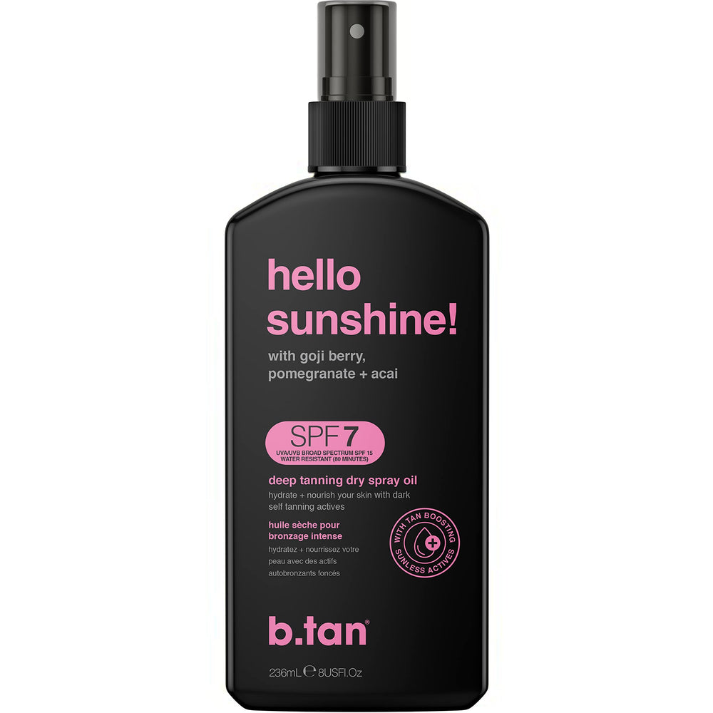 B.TAN SPF 7 tanning oil bottle in sunlit setting for deep tan.