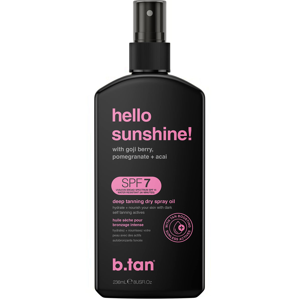 B.TAN SPF 7 tanning oil bottle in sunlit setting for deep tan.