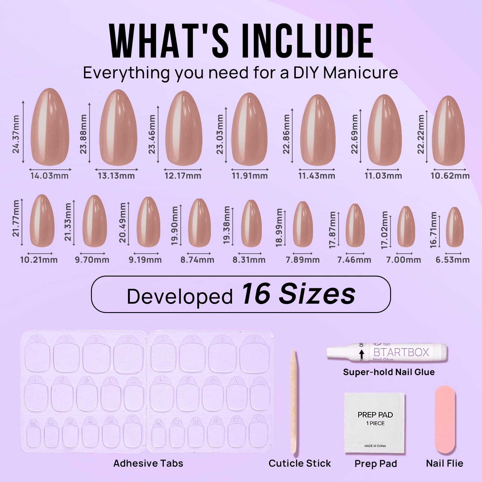BTArtbox Almond Chrome nails 15 sizes for a precise custom fit