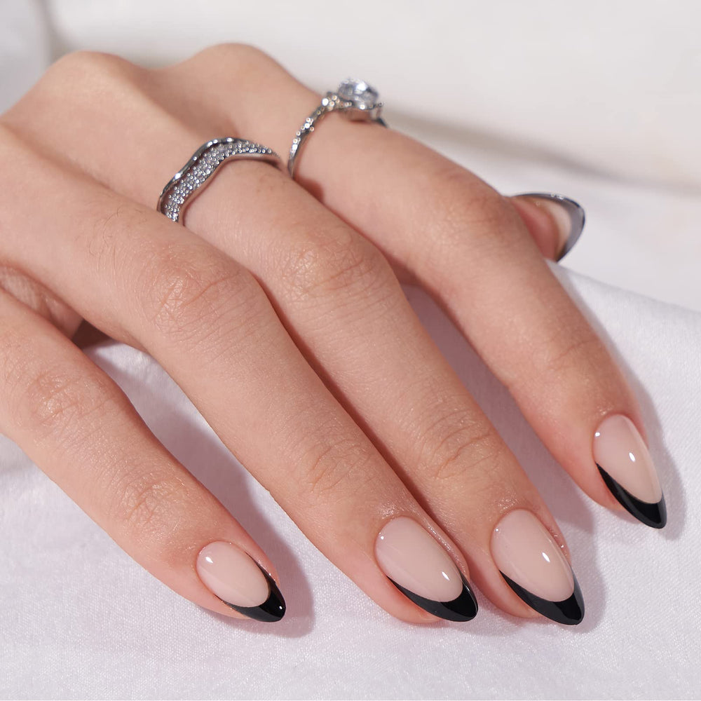 BTArtbox almond nails in black French style with a natural-looking curved shape.