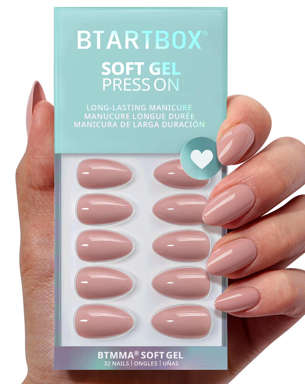 BTArtbox Almond Nails flesh pink close up showing natural look and flexibility.