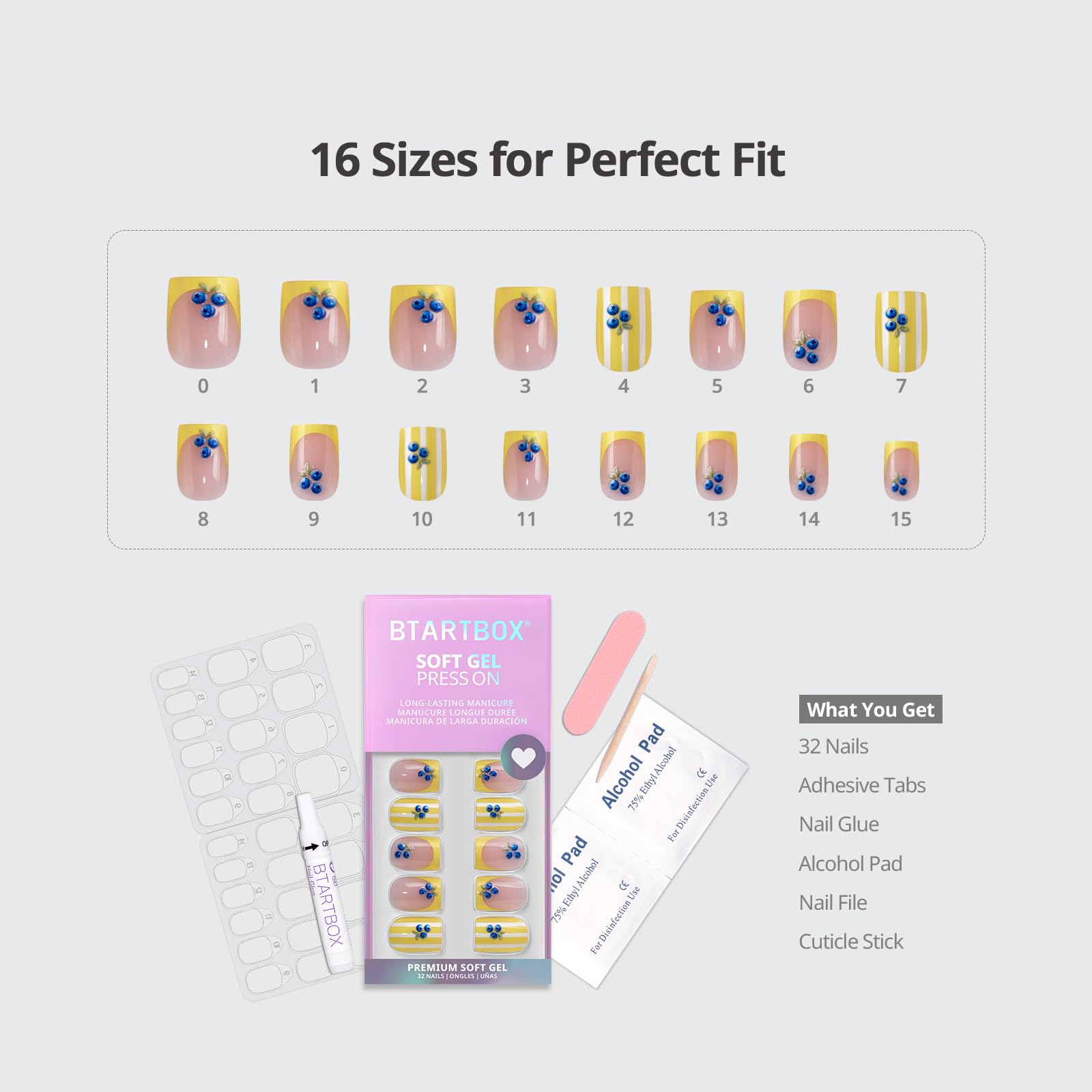 BTArtbox Blueberry Rain nails with adhesive tabs included in kit