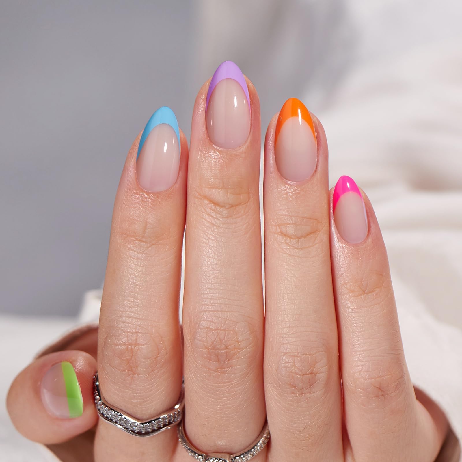BTArtbox colorful almond press-on nails in vibrant hues for quick glam