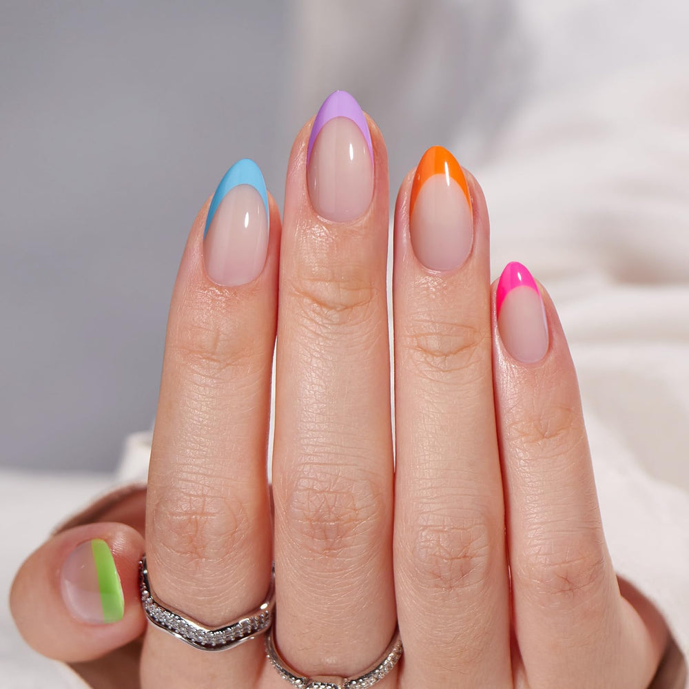 BTArtbox colorful almond press-on nails in vibrant hues for quick glam