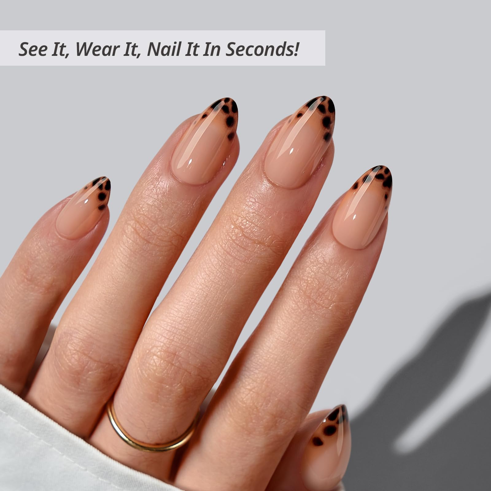 BTArtbox Espresso Leopard kit contents with glue and tabs simplify at-home mani applications.