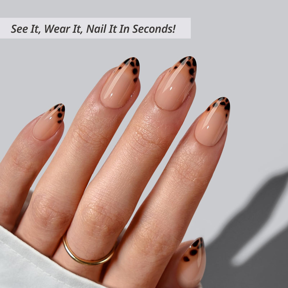 BTArtbox Espresso Leopard kit contents with glue and tabs simplify at-home mani applications.