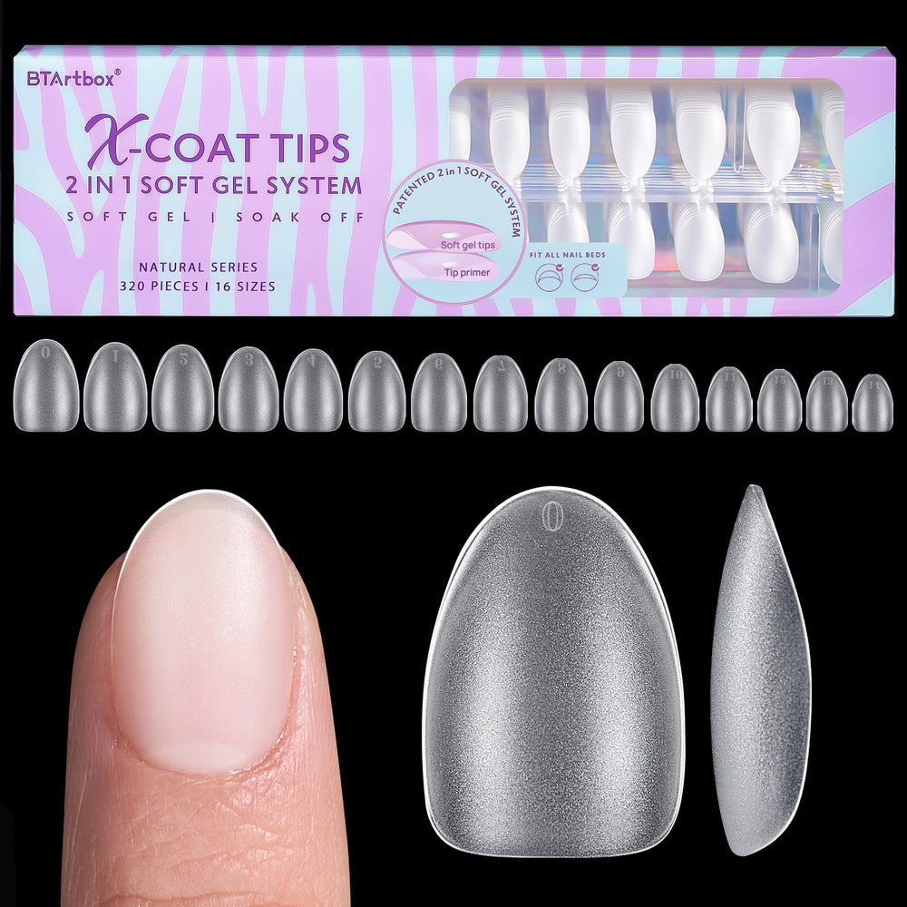 BTArtbox extra short almond nail tips in clear finish for natural-looking gel nails.