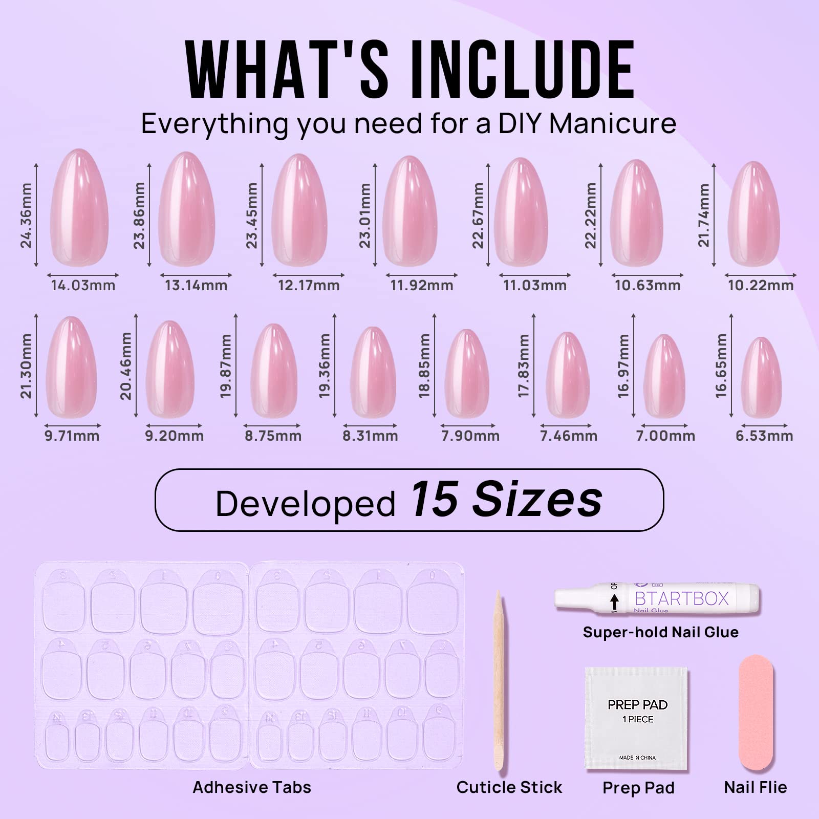 BTArtbox nail glue and adhesive tabs included for versatile application.