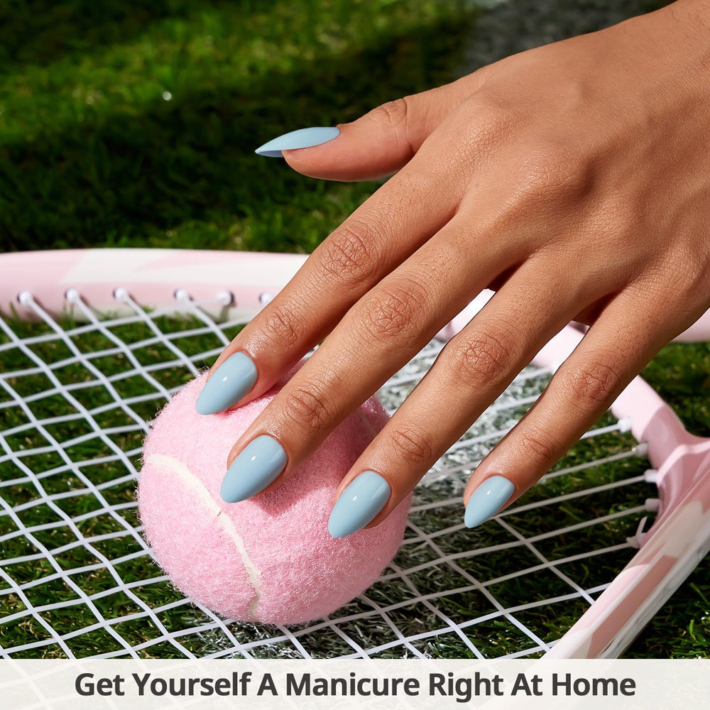 BTArtbox pastel blue almond nails laid out with 16 sizes included for versatile at-home styling
