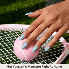 BTArtbox pastel blue almond nails laid out with 16 sizes included for versatile at-home styling