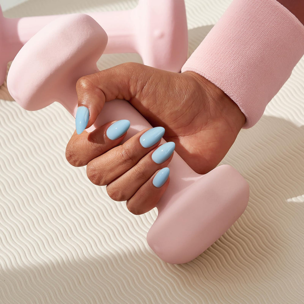 BTArtbox pastel blue almond nails on natural nails for a DIY manicure