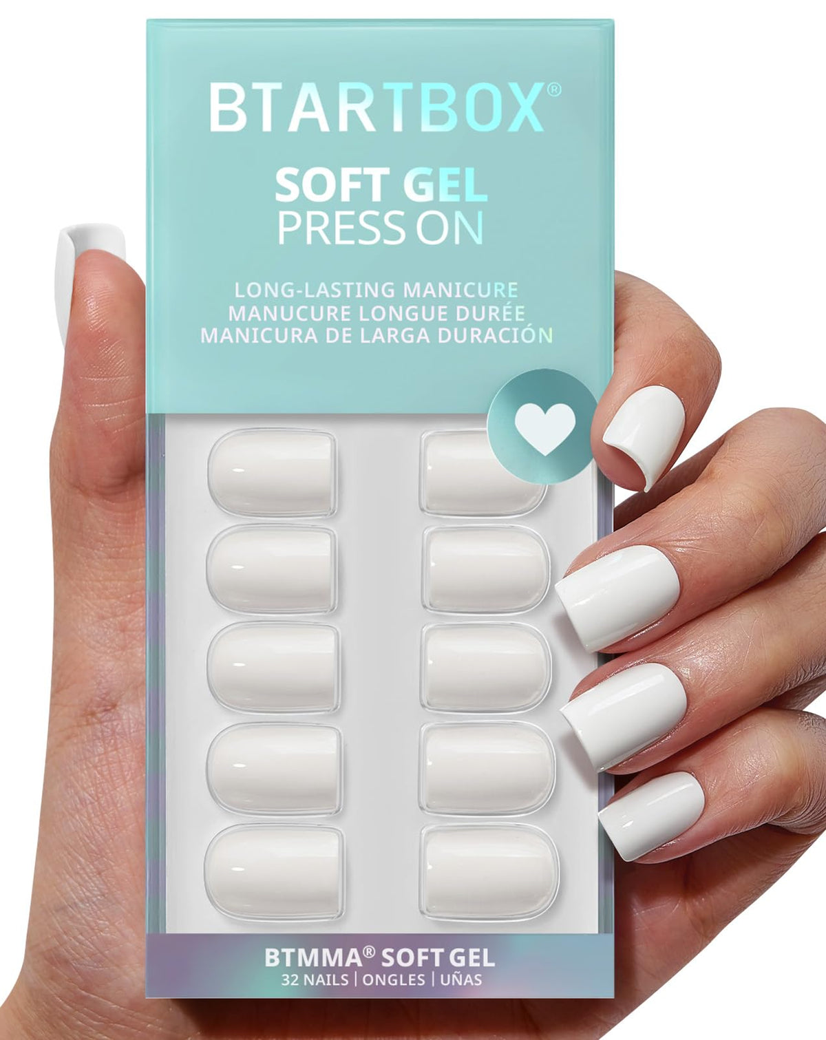 BTArtbox pastel white square nails in a short kit with 32 sizes for a precise fit.
