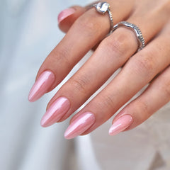 BTArtbox almond press-on nails in pink chrome with a soft gel finish.