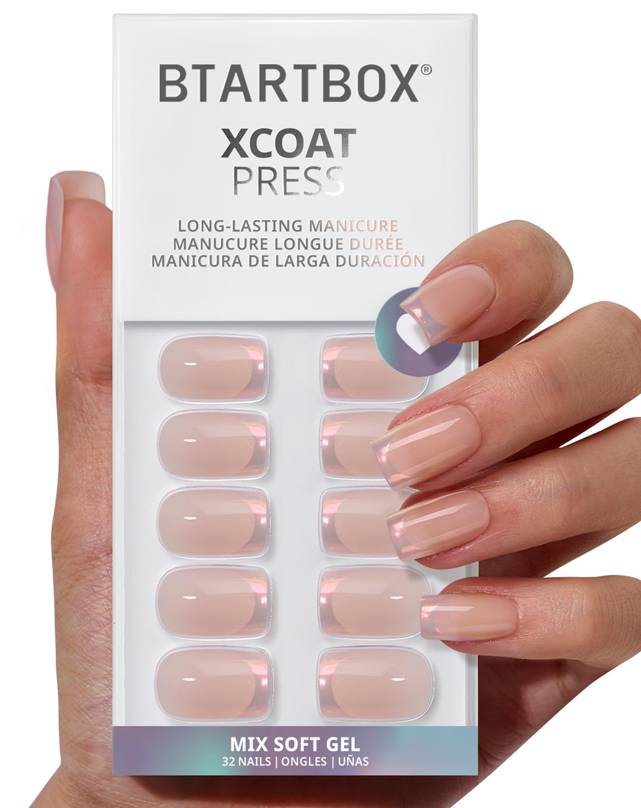 BTArtbox press-on nails short muted glitz nude chrome finish for a durable at-home manicure.