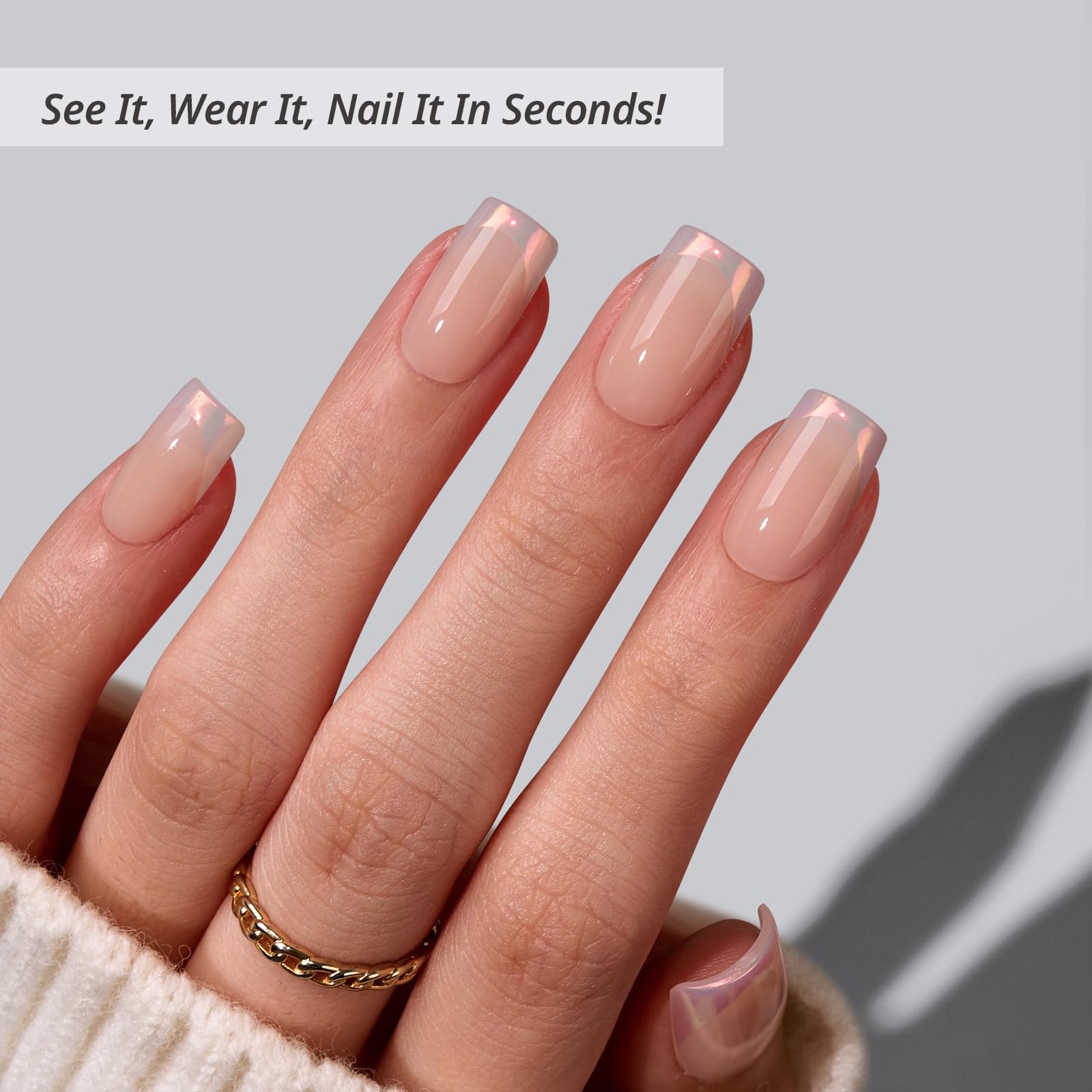 BTArtbox close-up of muted-glitz nails with nude chrome tip for natural blend and easy wear.