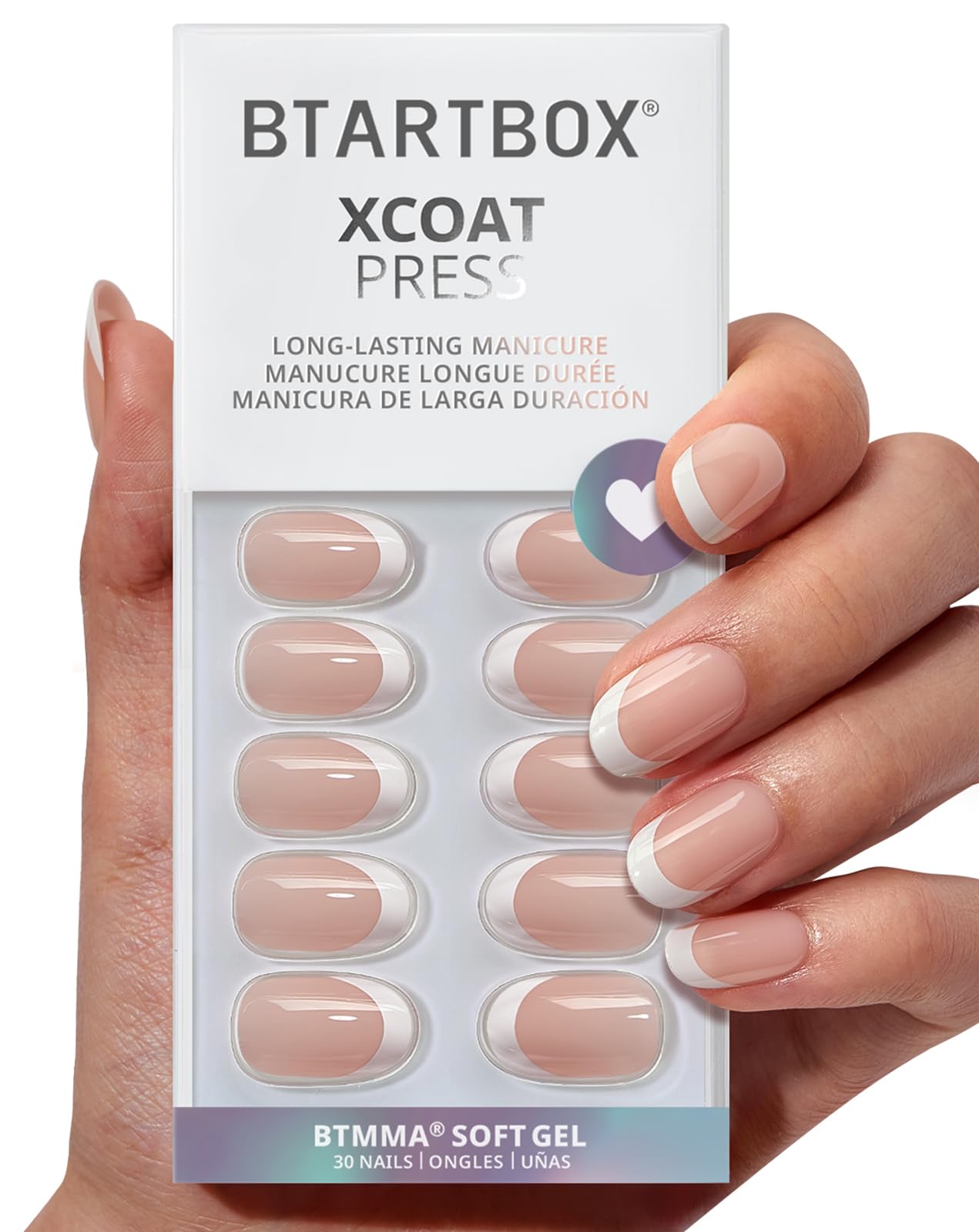 BTArtbox press-on nails short oval white French tips close-up for a natural look.