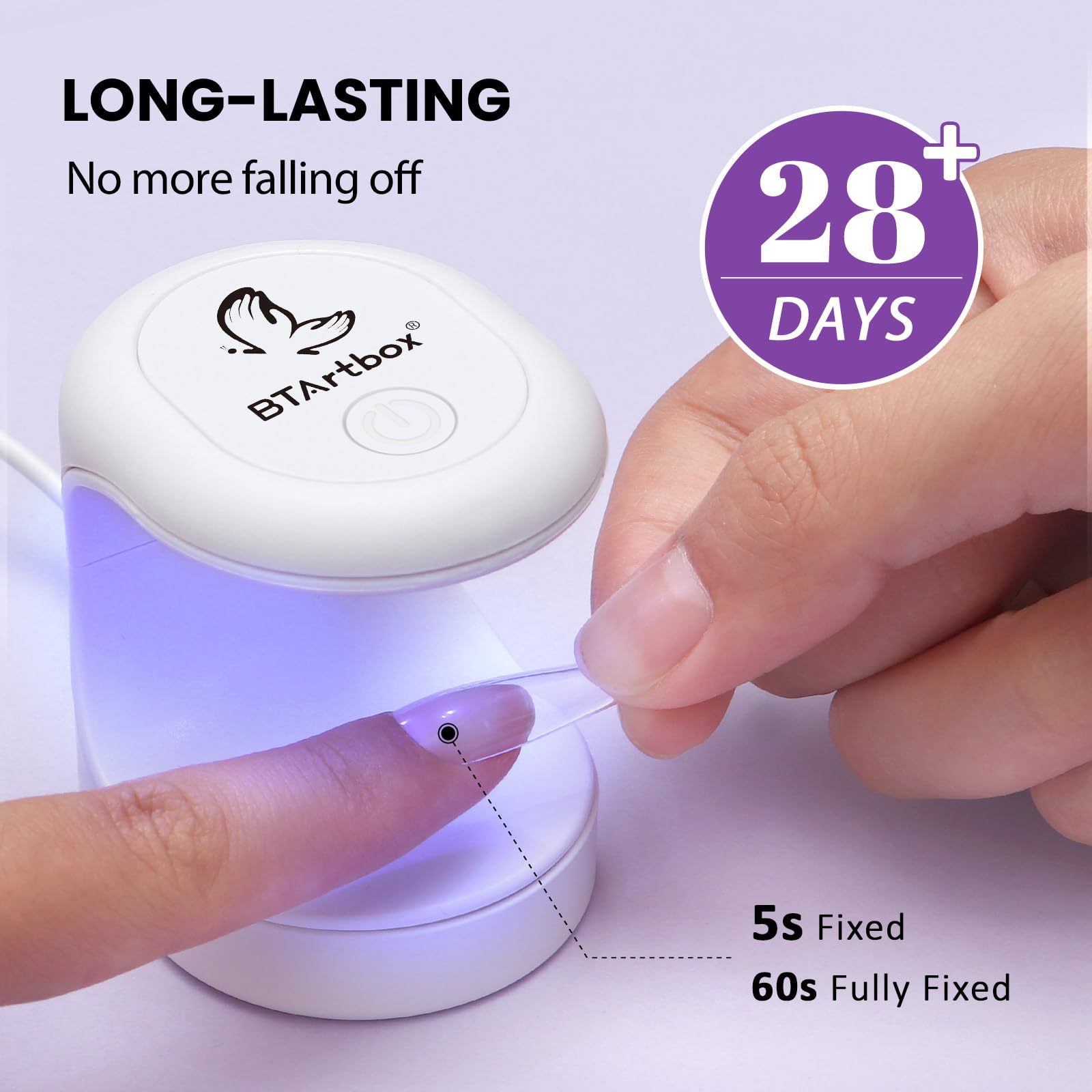BTArtbox Solid Nail Gel curing-under-lamp requires 45 seconds for firm adhesion.