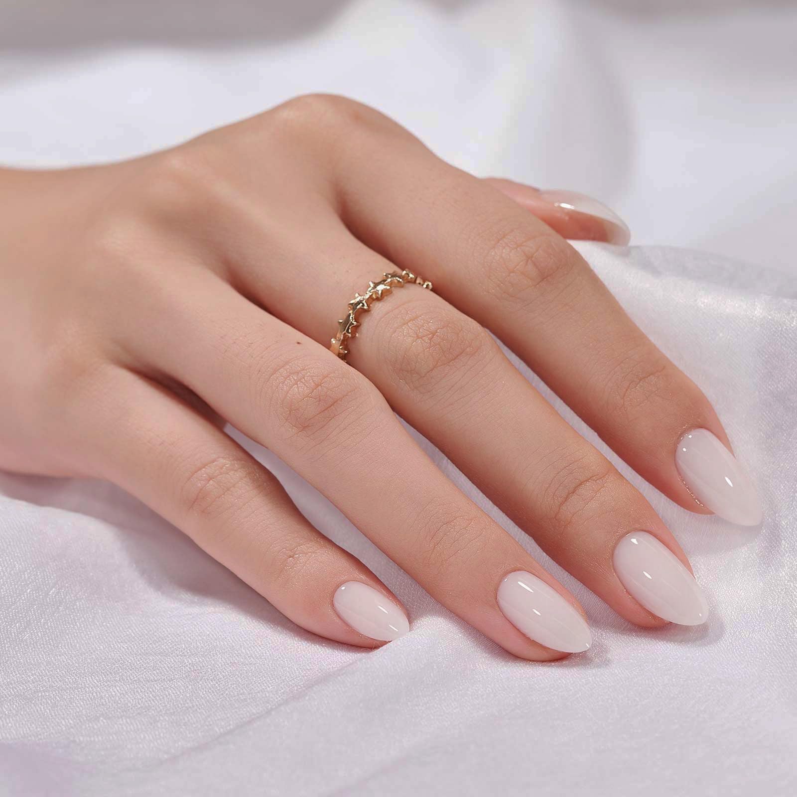 BTArtbox white press-on nails in almond soft gel offering a salon-like finish at home