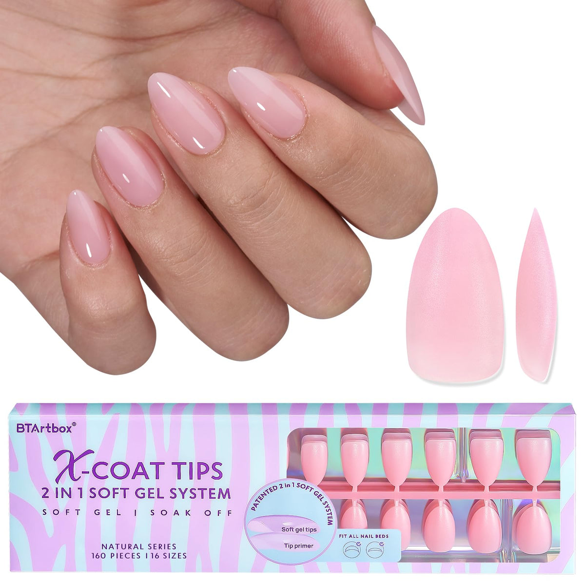 BTArtbox XCOATTIPS matte short almond pink nails for quick DIY nail art