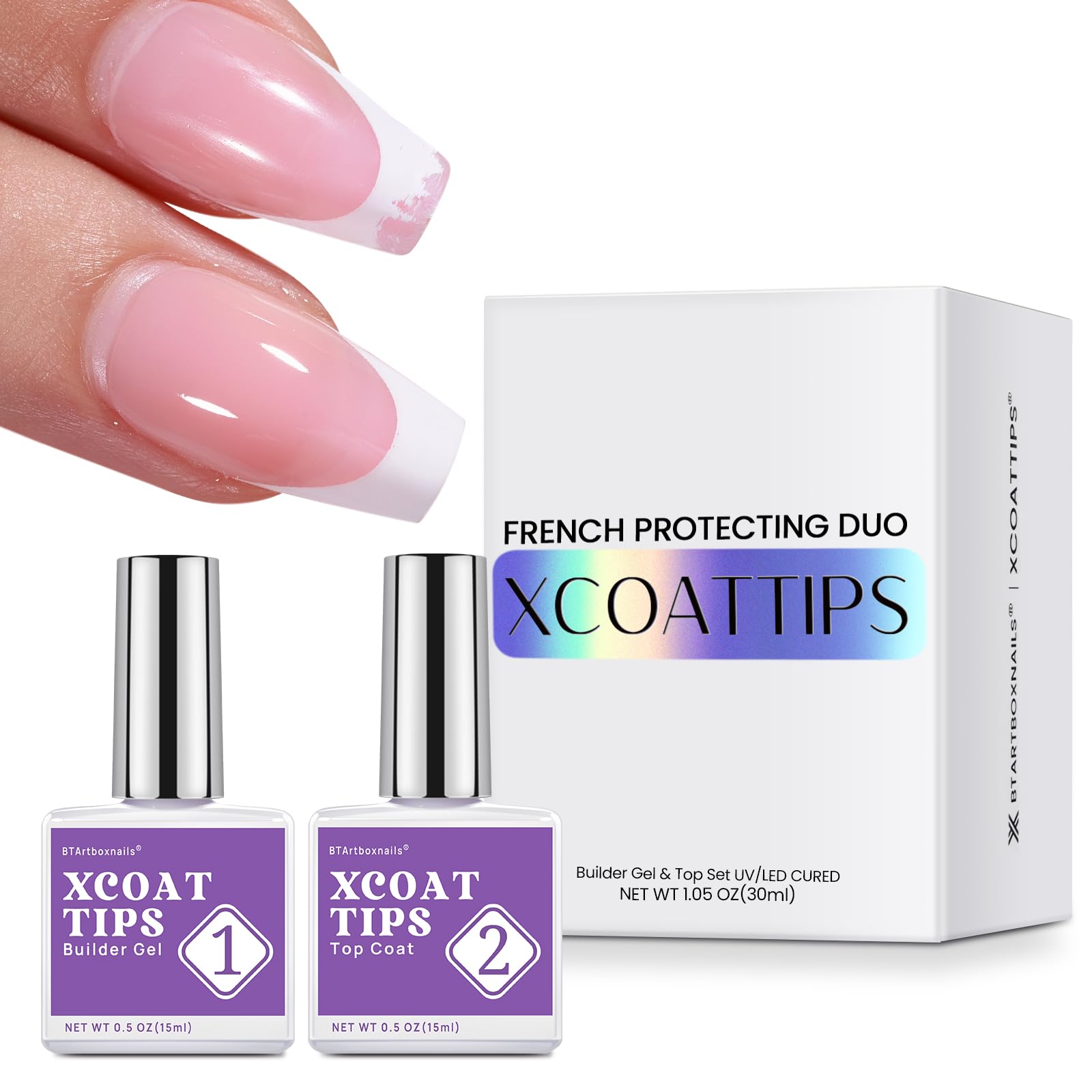 BTArtboxnails XCOATTIPS French Protecting Duo gel application for long-lasting tips.